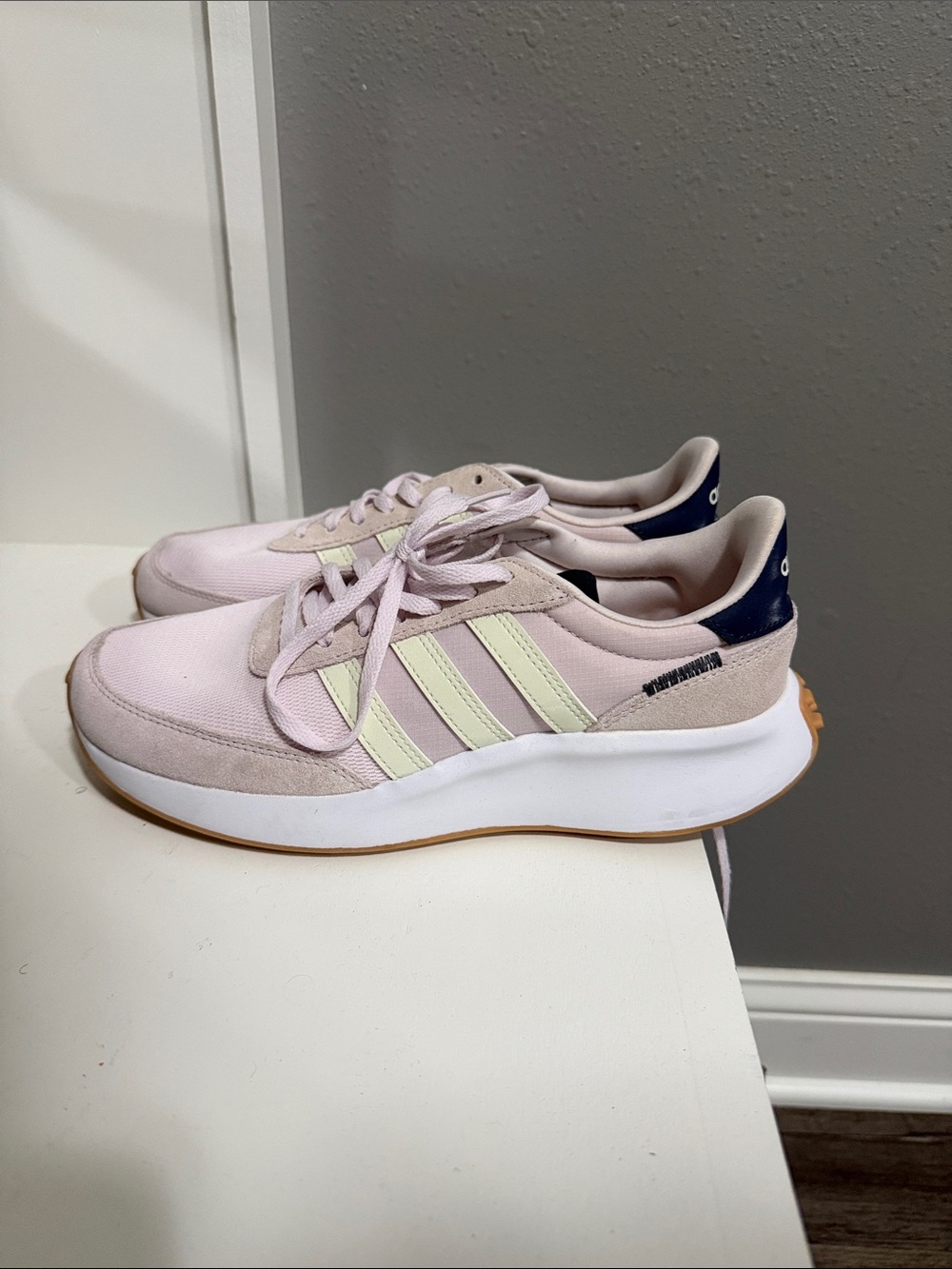 adidas Women’s Light Pink Sneakers with Cream Stripes and Navy Heel